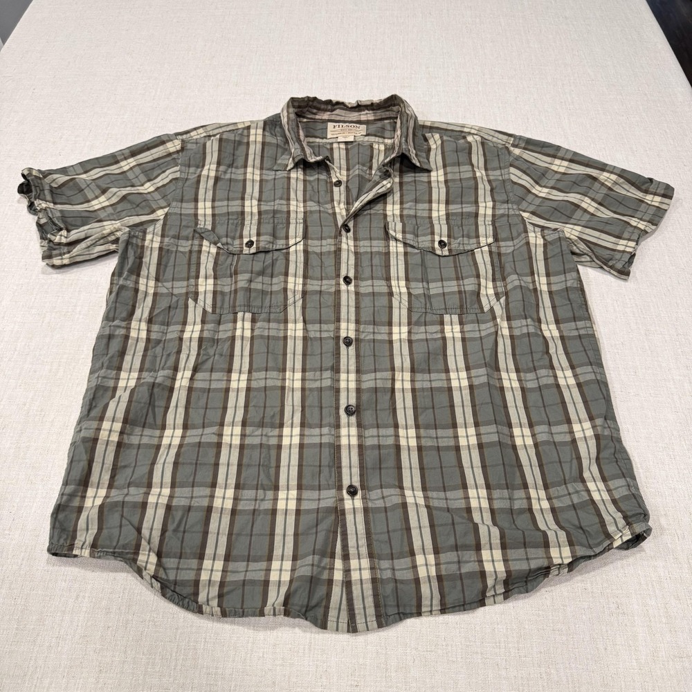 Filson Shirt Mens Large Washed Short Sleeve Feather Cloth Plaid Sage Green